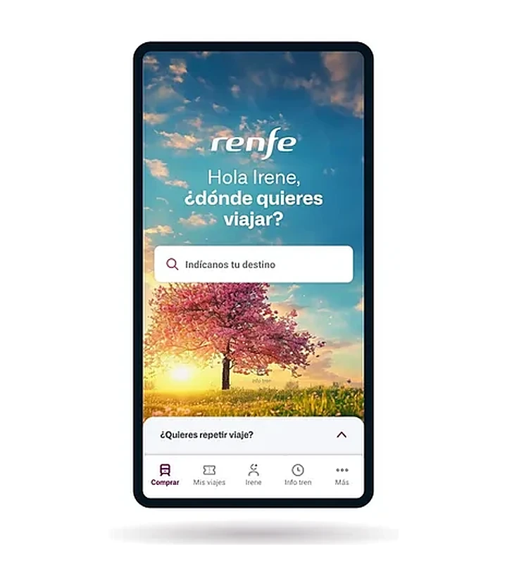Renfe app — original home: five navigation tabs, purchase funnel first