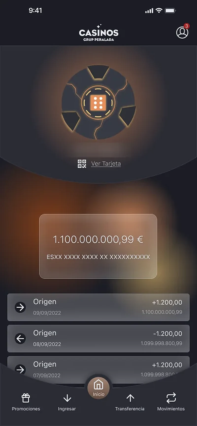 Fintech app — home screen with casino loyalty chip, glassmorphism balance card and recent movements