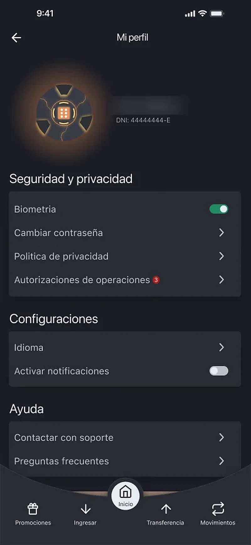 Fintech app — profile screen with security, privacy and account settings