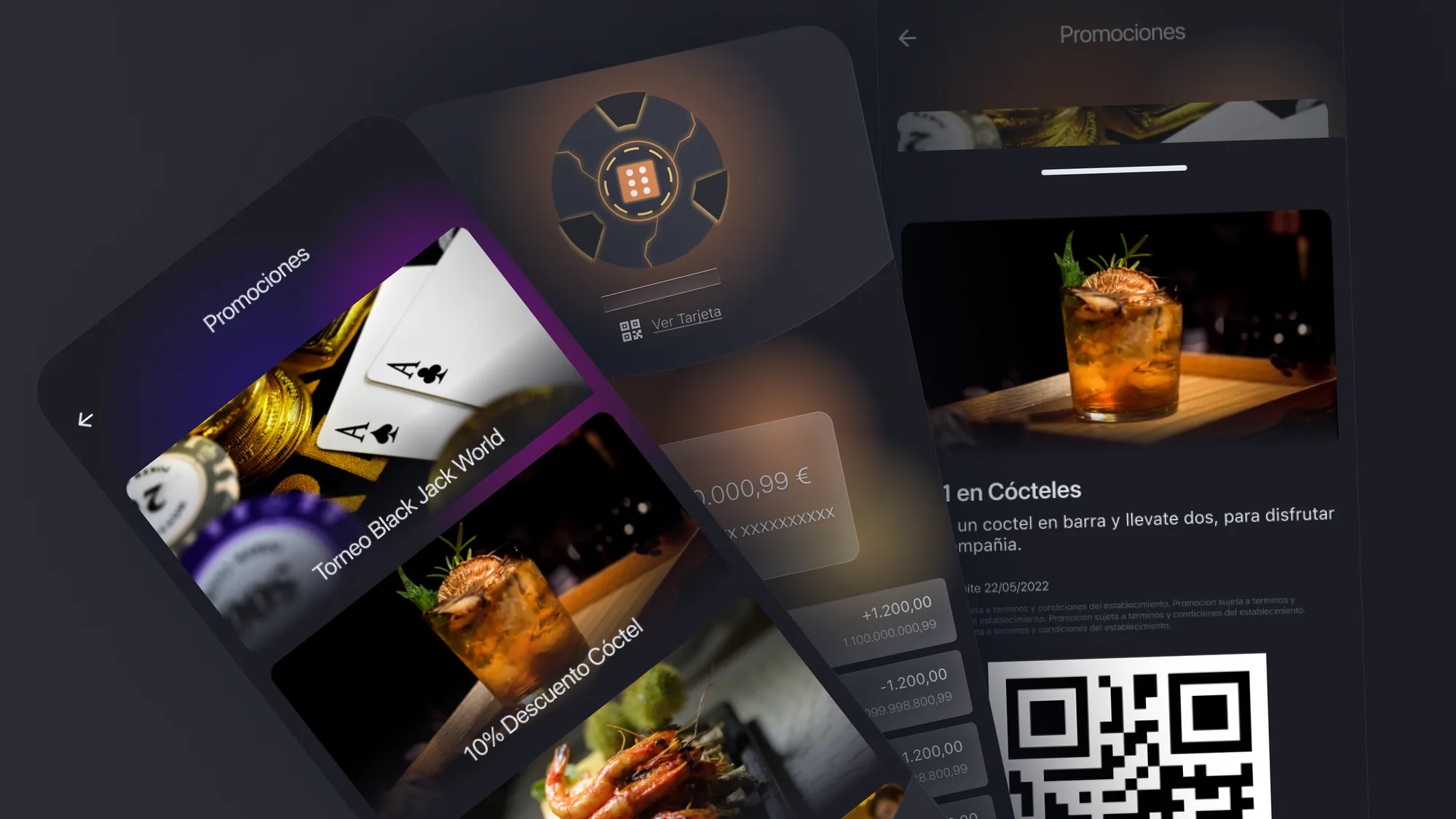 Fintech app — final screens overview: loyalty chip home, promotions and QR redemption